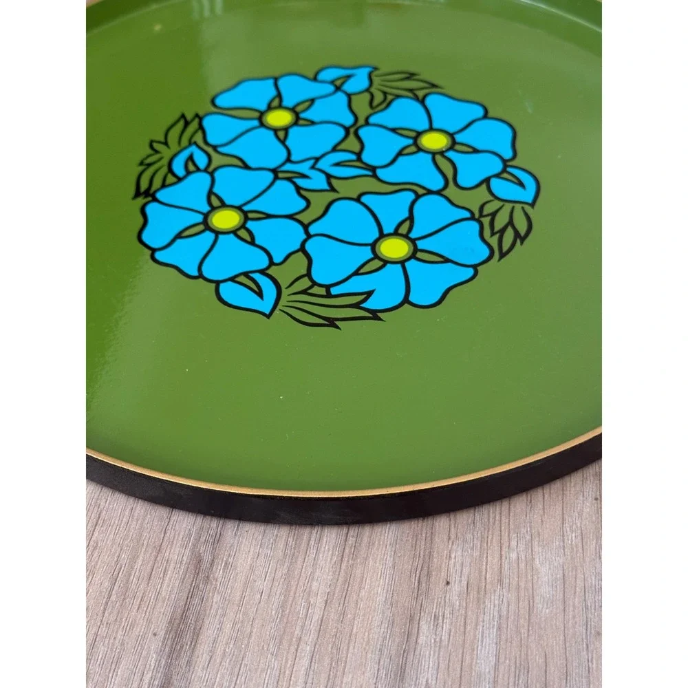 Vintage CTO Japan Serving Tray Avocado Green Blue‎ Floral Mid Century 12 in